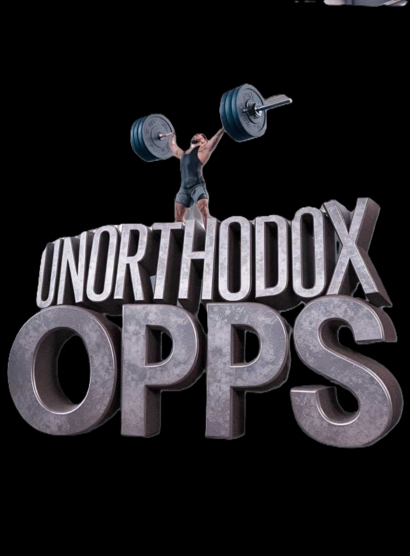 Unorthodox Ops 3D metal wordmark with a weightlifter
